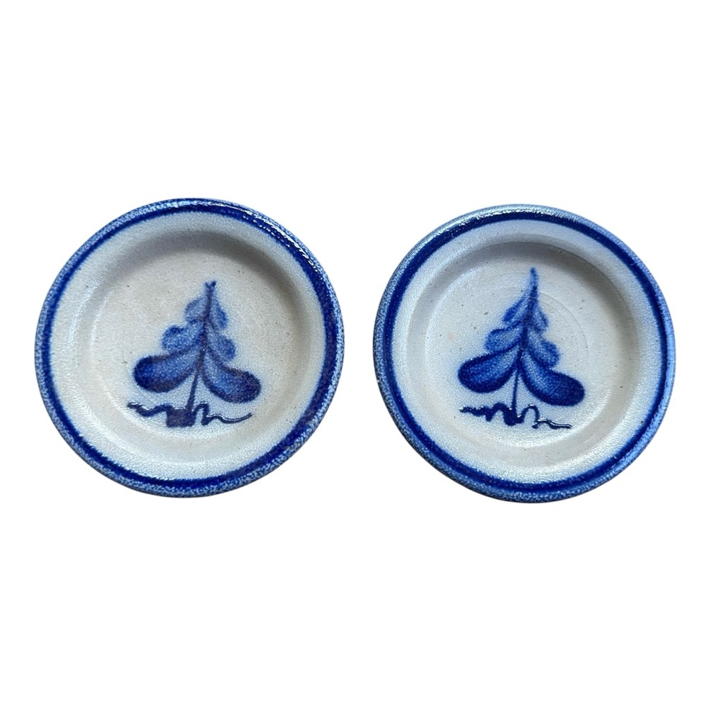 Rowe Pottery Works Salt Glaze Christmas Tree Coasters Trinket Dish 1989 4” Set 2